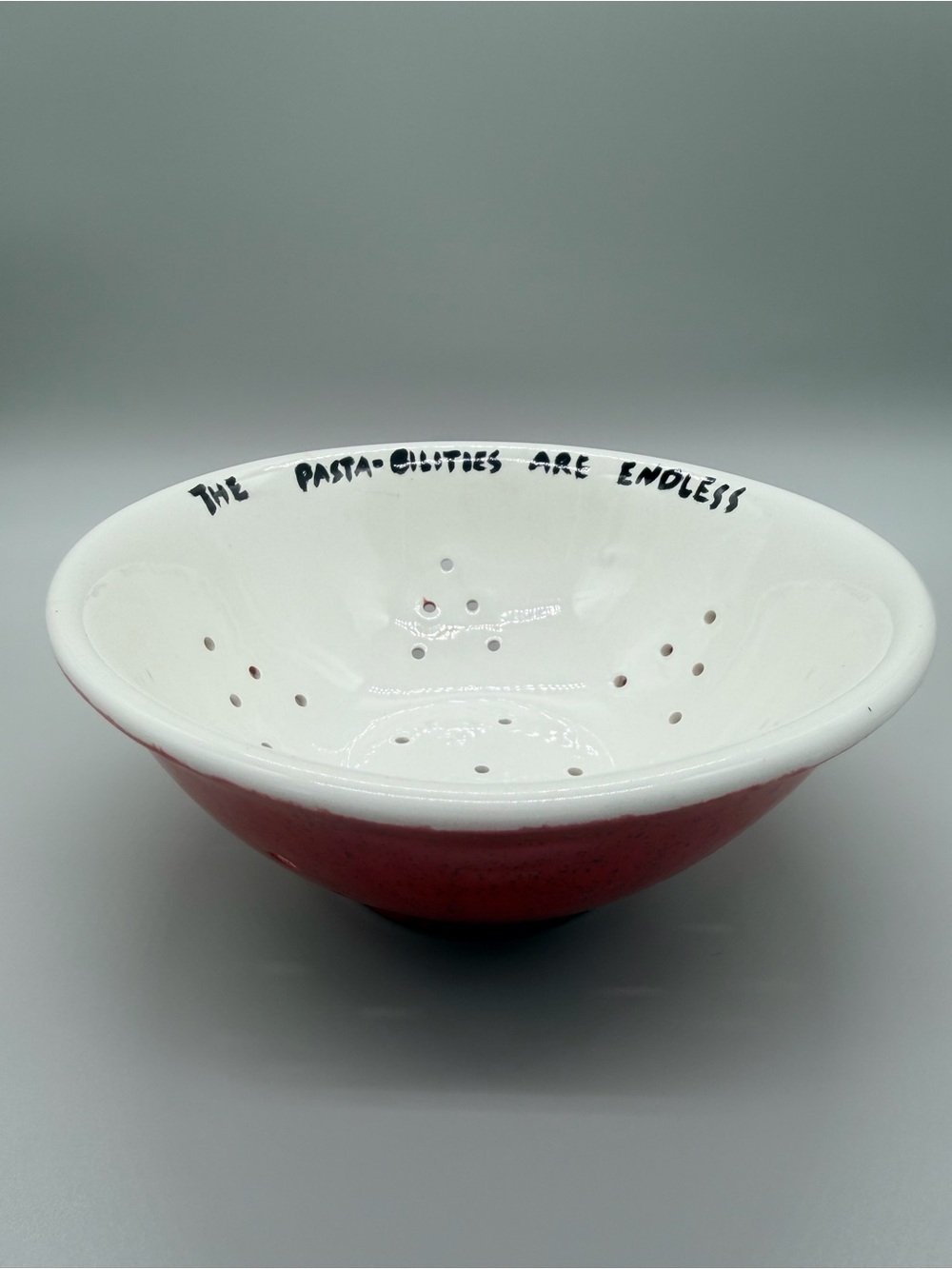 Handcrafted Studio Pottery Pasta Colander Bowl Red Speckled "Pasta-bilities"